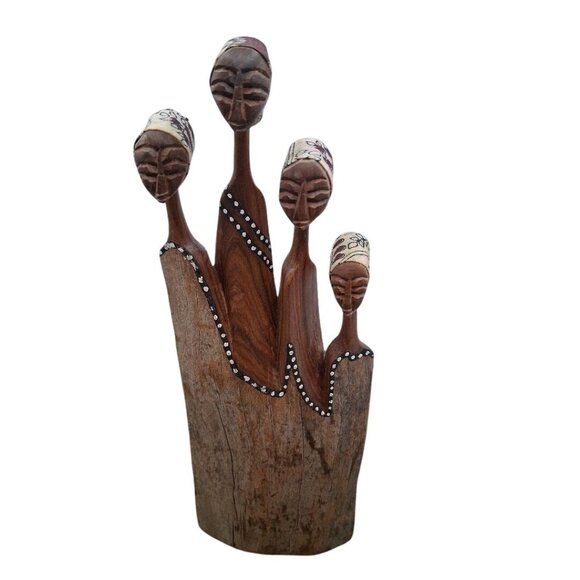 Hand-Carved Wooden Sculpture With Tribal Face Design - 10" Tall Unique Rustic De - Picture 1 of 5